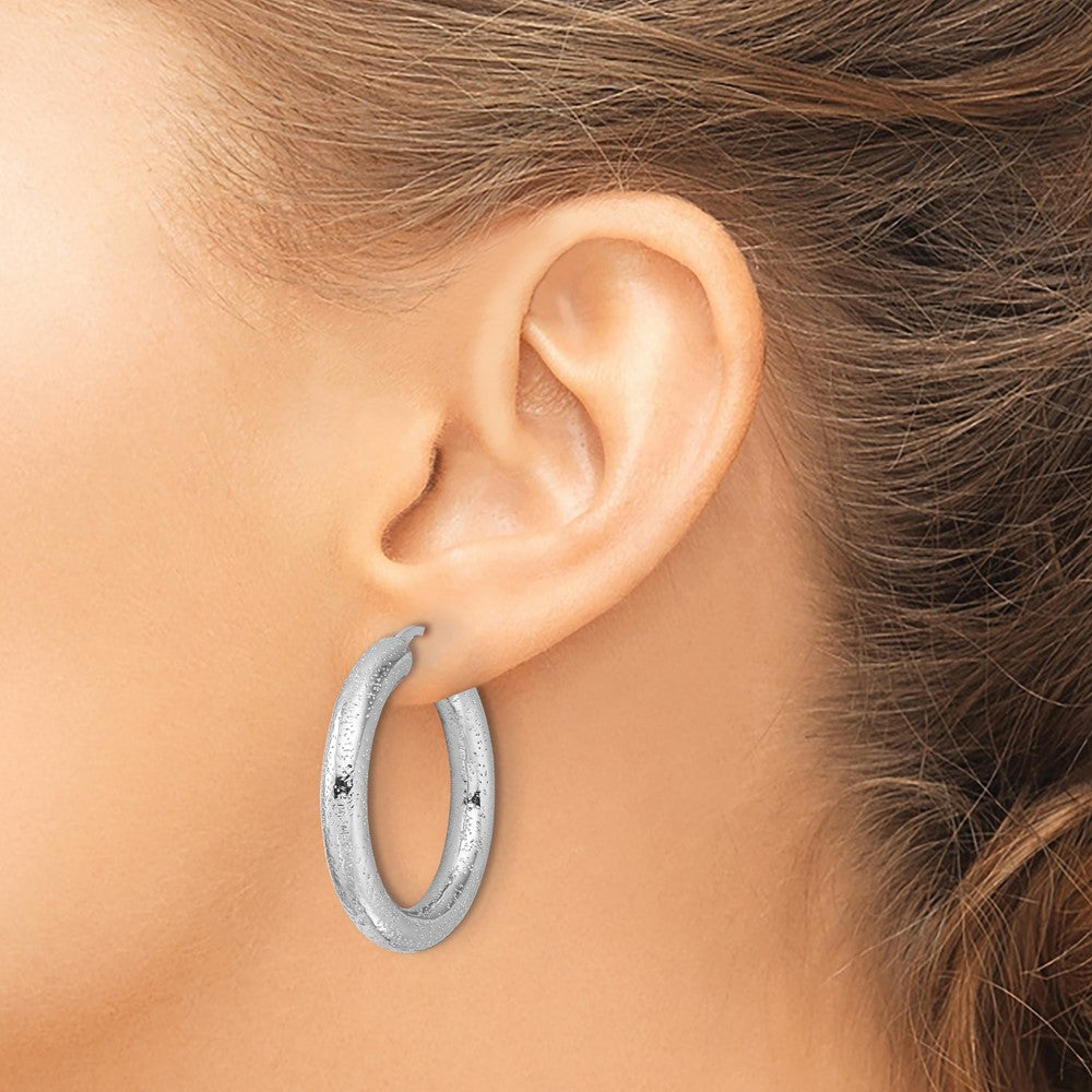 Rhodium-plated Sterling Silver Laser Cut 5mm Round Hoop Earrings
