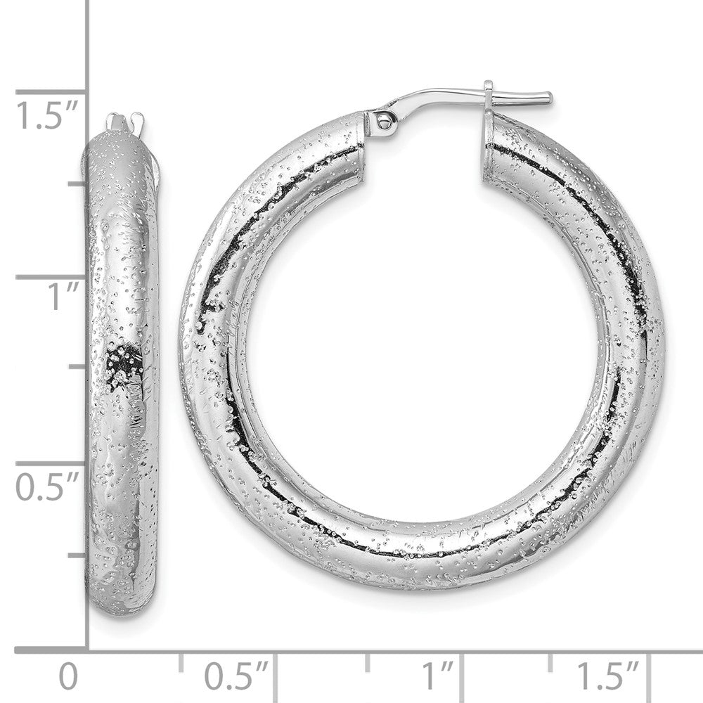 Rhodium-plated Sterling Silver Laser Cut 5mm Round Hoop Earrings