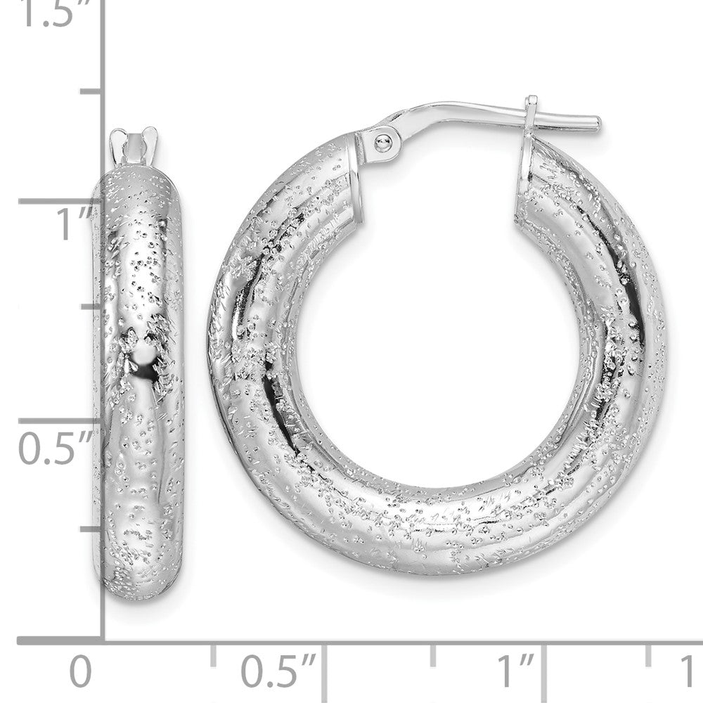 Rhodium-plated Sterling Silver Laser Cut 5mm Round Hoop Earrings