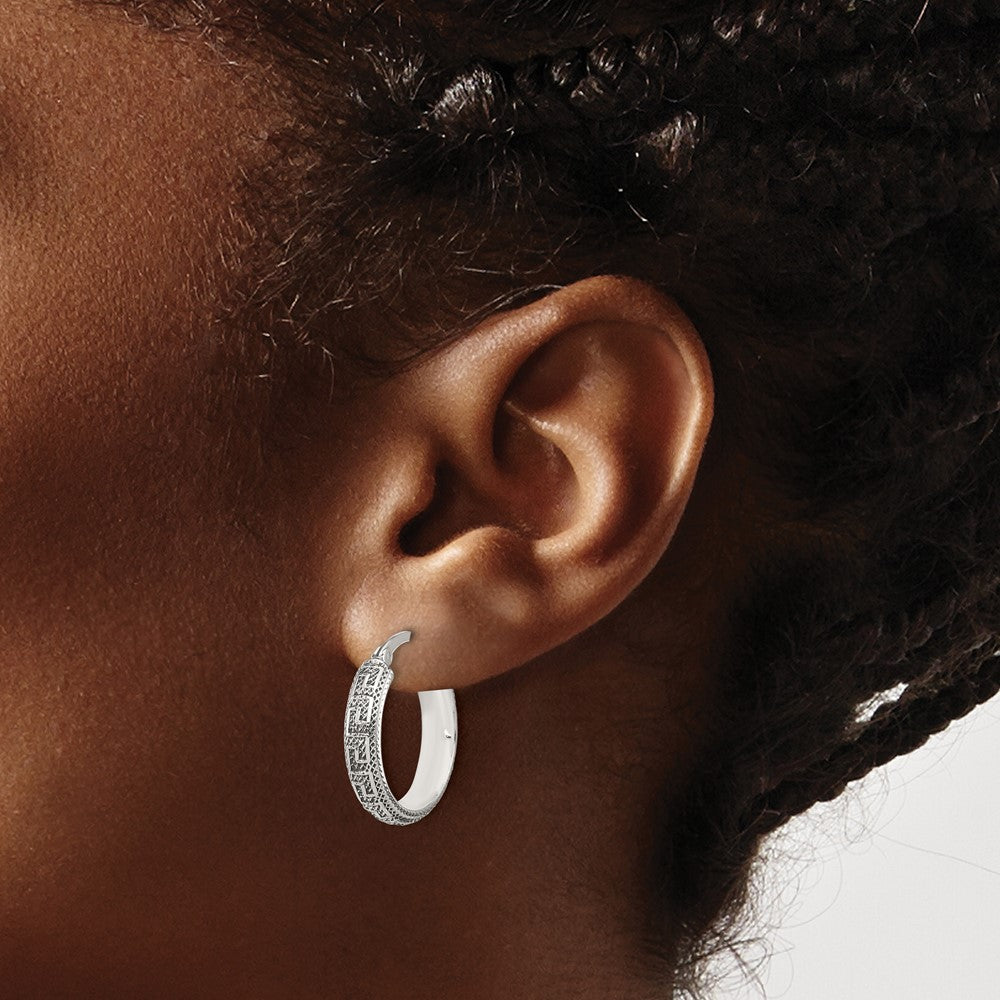 Sterling Silver Polished and Antiqued Greek Key Hoop Earrings