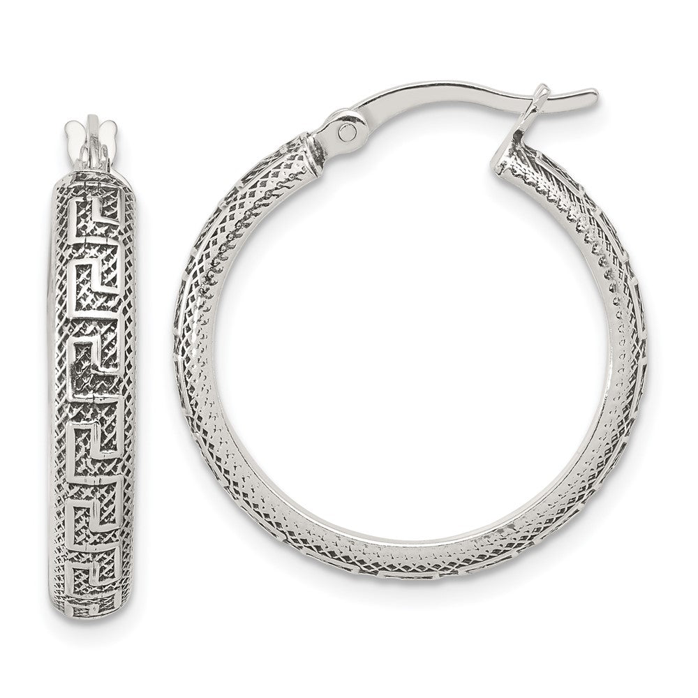 Sterling Silver Antiqued Textured Greek Key Hoop Earrings
