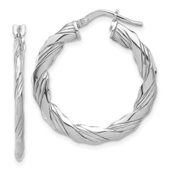Rhodium-plated Sterling Silver Polished & Textured Twisted Hoop Earrings