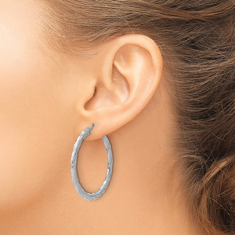 Rhodium-plated Sterling Silver Polished & Textured Twisted Hoop Earrings