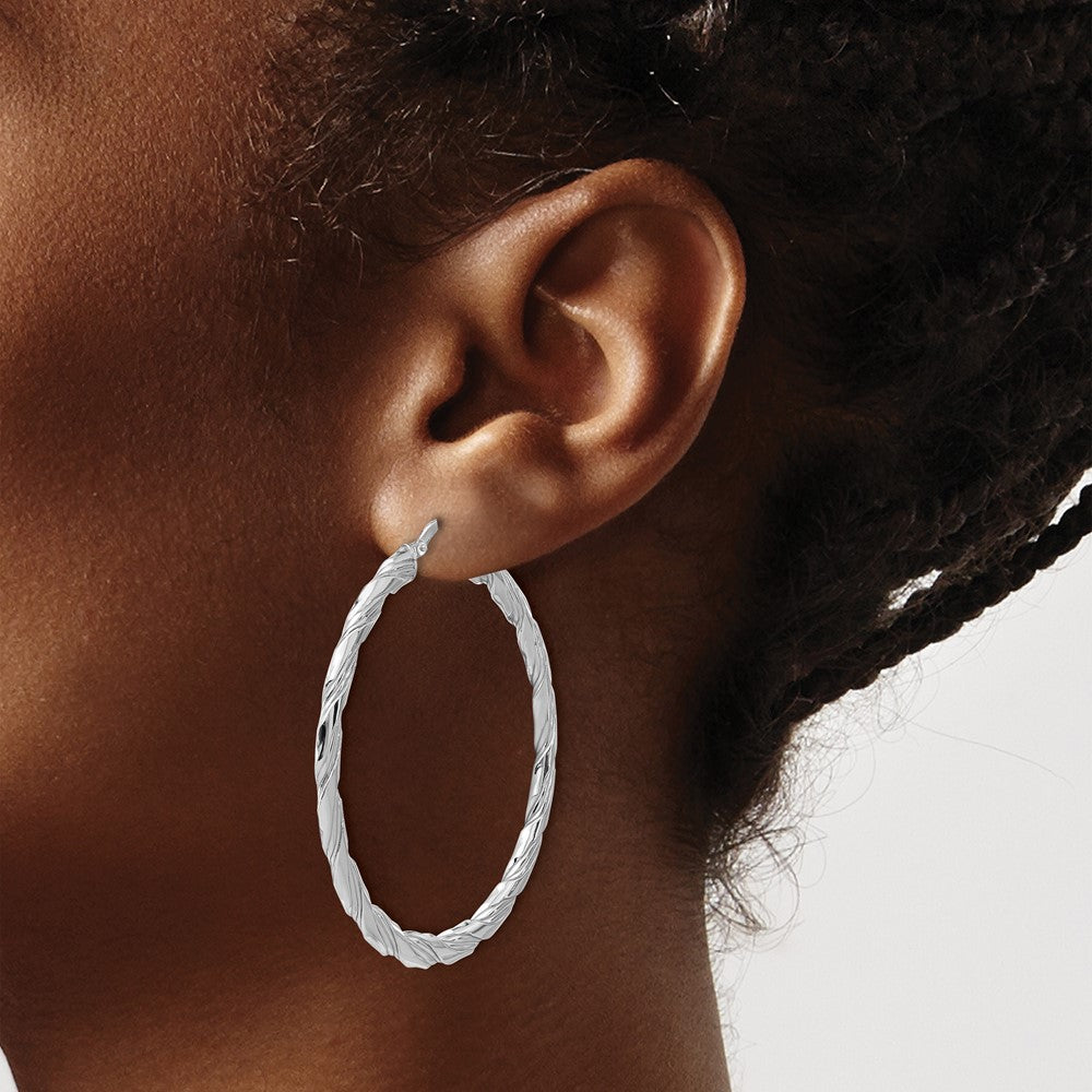 Rhodium-plated Sterling Silver Polished & Textured Twisted Hoop Earrings