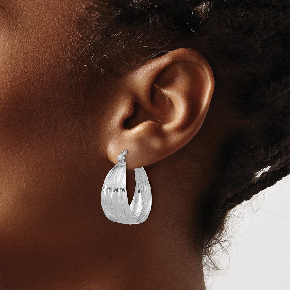 Rhodium-plated Sterling Silver Polished Textured Hoop Earrings