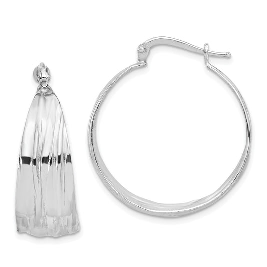 Rhodium-plated Sterling Silver Polished Textured Hoop Earrings