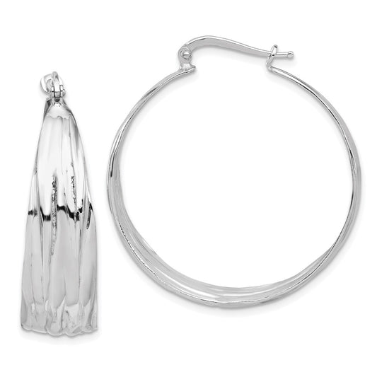Rhodium-plated Sterling Silver Polished Textured Hoop Earrings