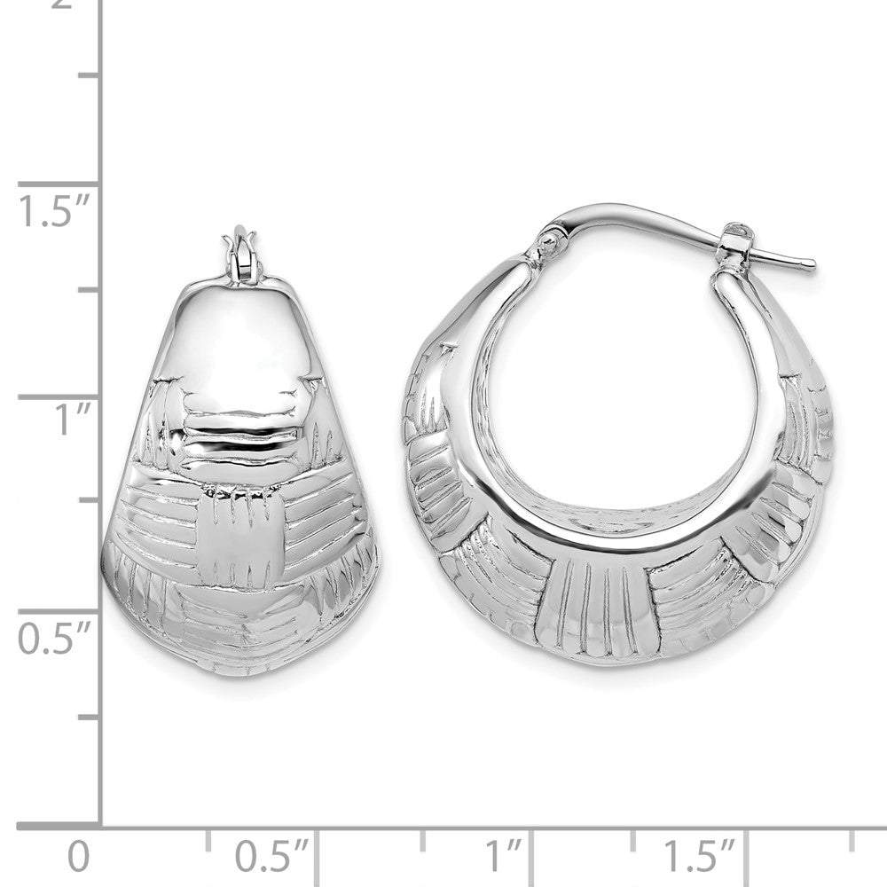 Rhodium-plated Sterling Silver Polished Basket Weave Hoop Earrings