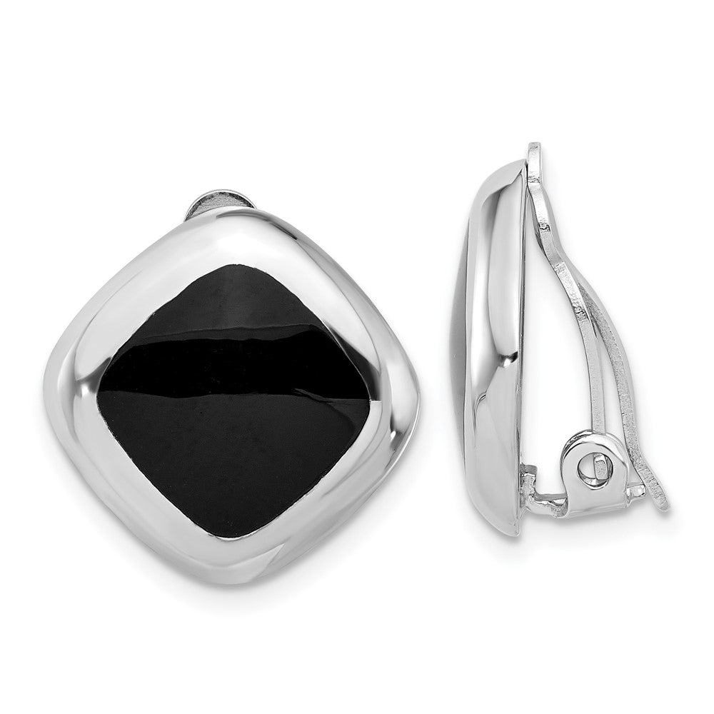 Rhodium-plated Sterling Silver Black Onyx Square Clip Non-pierced Earrings