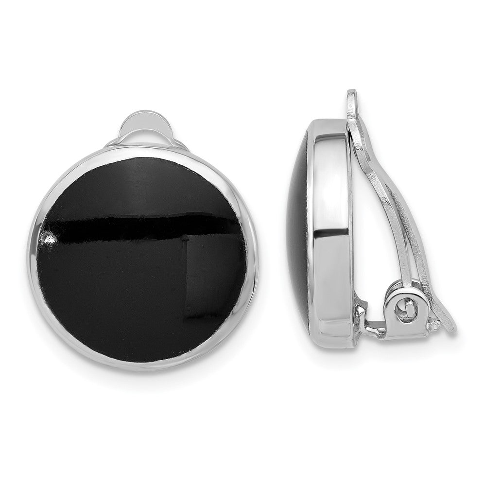 Rhodium-plated Sterling Silver Black Onyx Round Clip Non-pierced Earrings