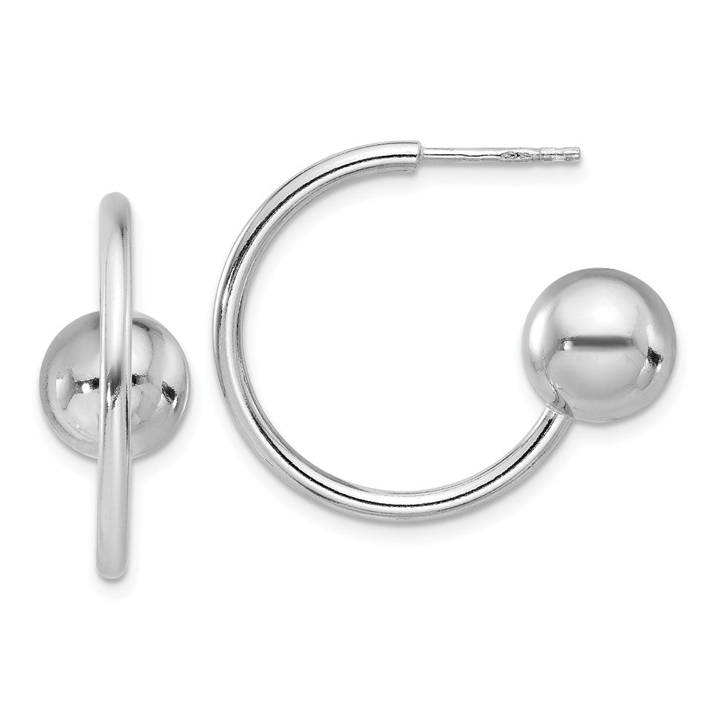 Rhodium-plated Sterling Silver Polished Ball J-Hoop Post Earrings