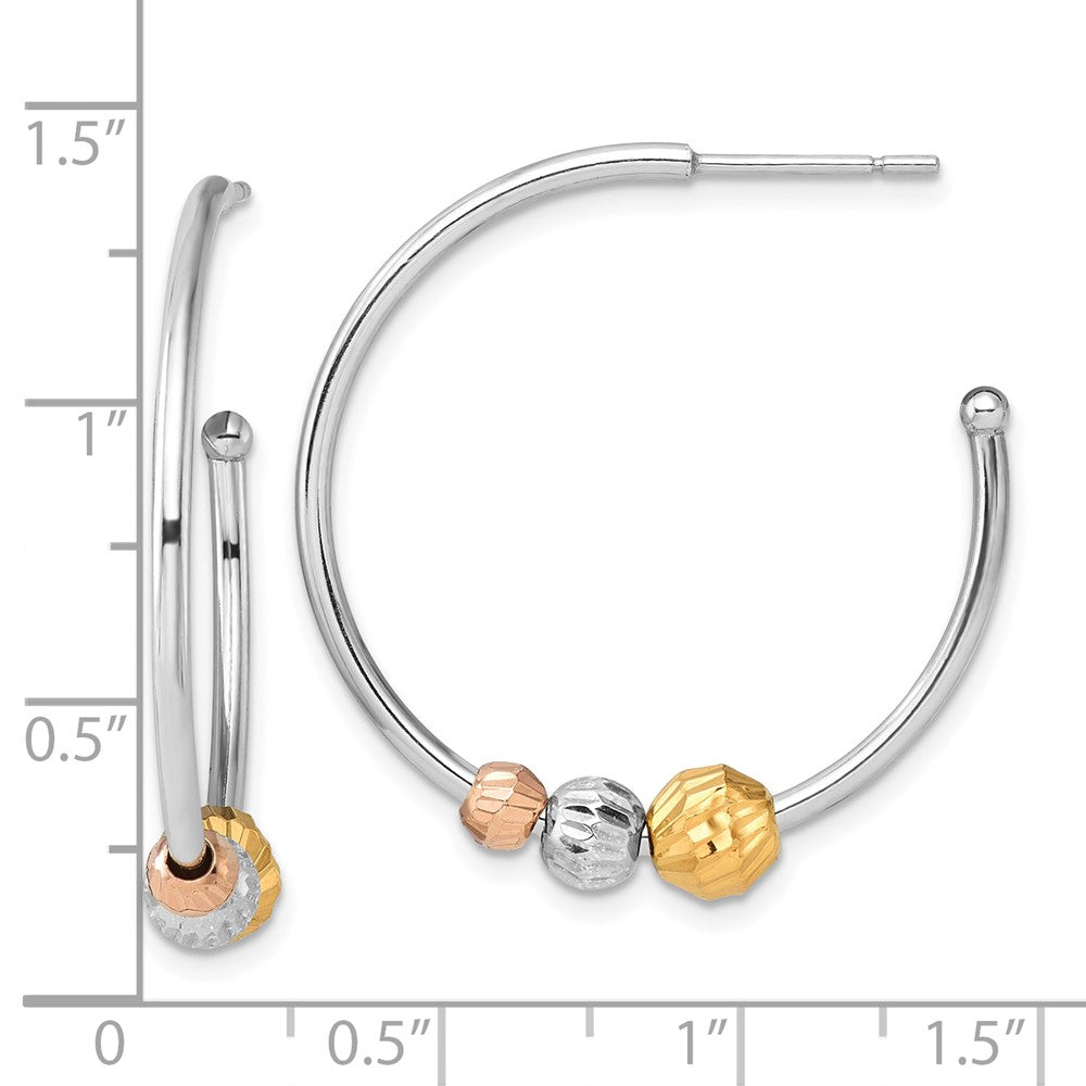 Rhodium-plated Silver Rose Gold-tone Diamond-cut Beaded Post Hoop Earrings