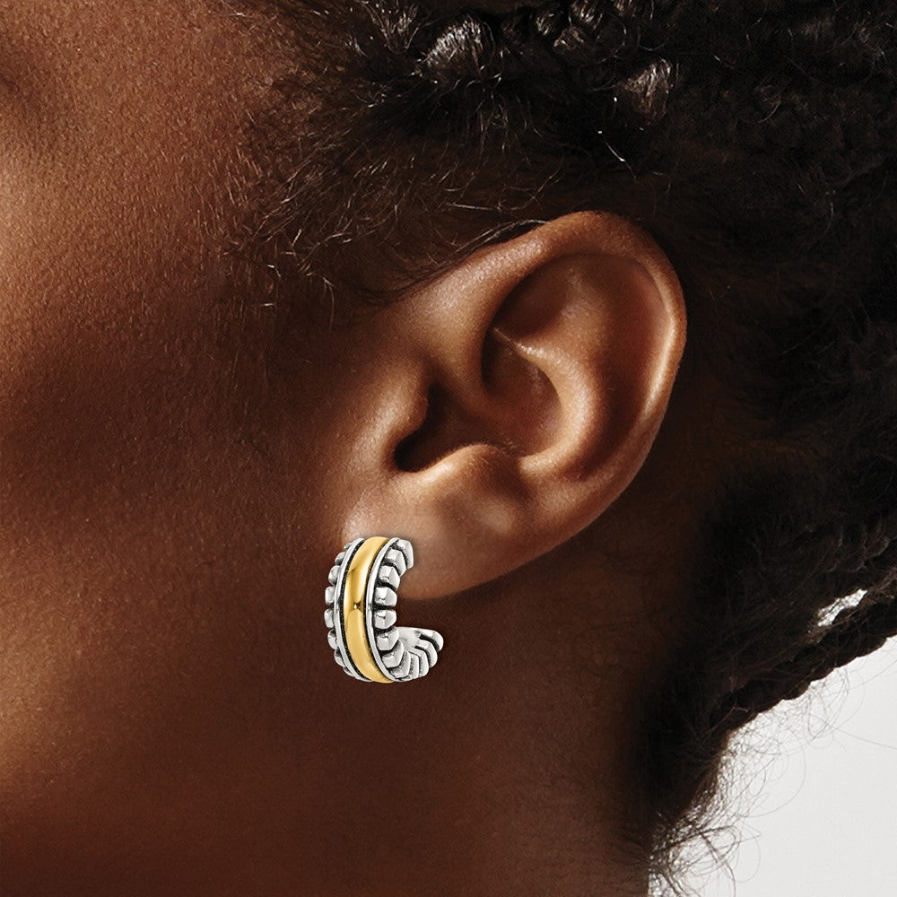 Yellow Gold-plated Sterling Silver Polished and Antiqued Post Hoop Earrings