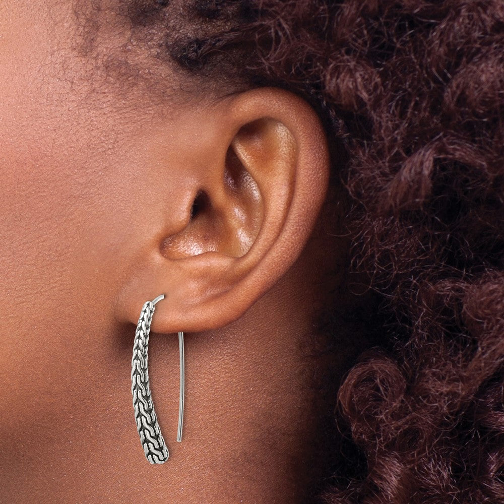 Sterling Silver Polished and Antiqued Textured Threader Dangle Earrings