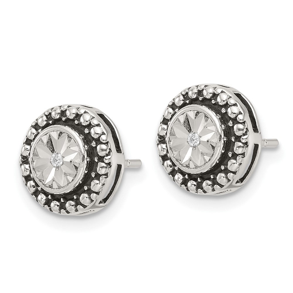 Sterling Silver Polished Antiqued and Diamond-cut CZ Post Earrings