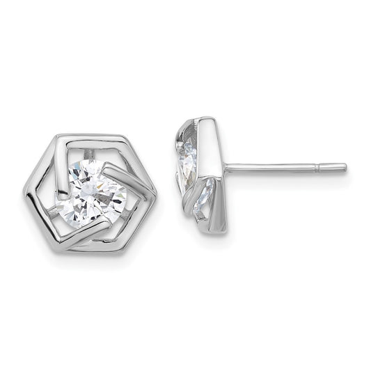 Sterling Silver Hexagon CZ Post Earrings
