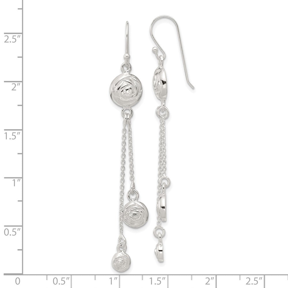 Sterling Silver Polished Textured Flowers Double Strand Chain Shepherd Hook Earrings