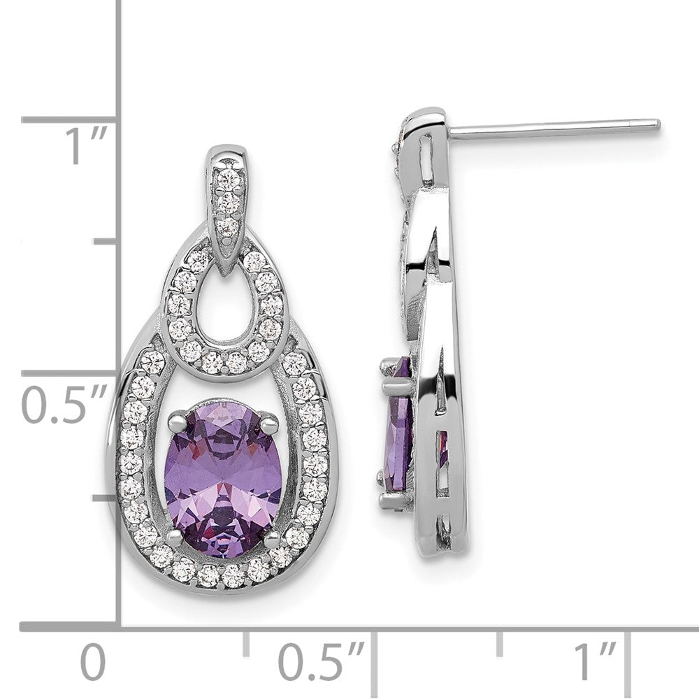 Rhodium-plated Sterling Silver CZ and Purple Zircon Post Dangle Earrings