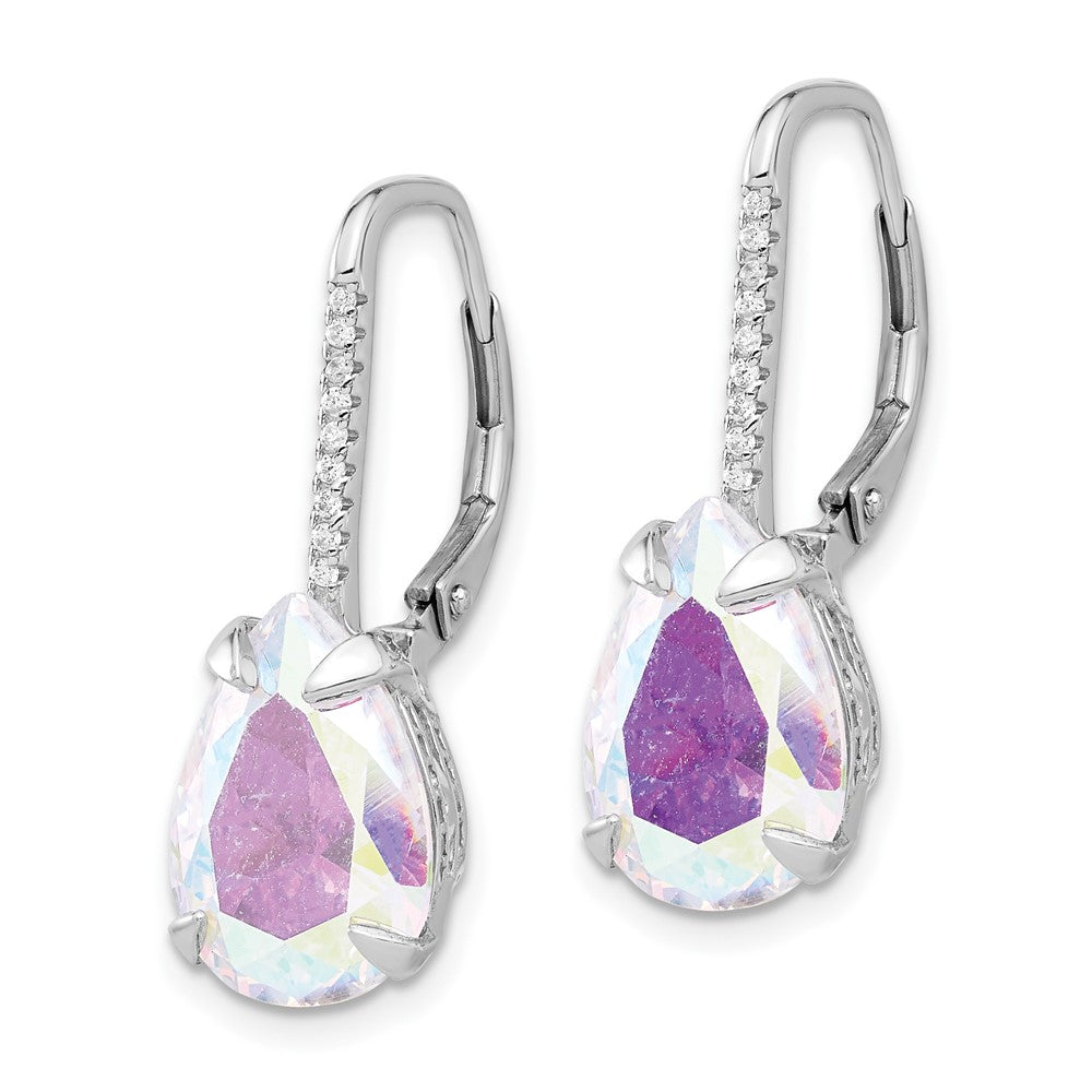 Rhodium-plated Sterling Silver Clear and Pear Iridescent CZ Leverback Earrings