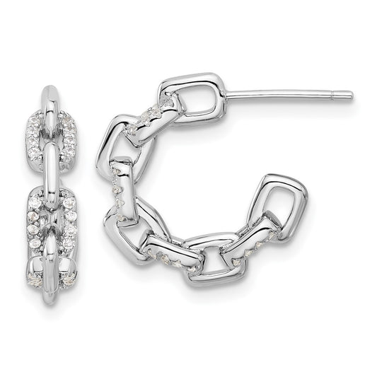 Rhodium-plated Sterling Silver CZ Link Design Post Hoop Earrings