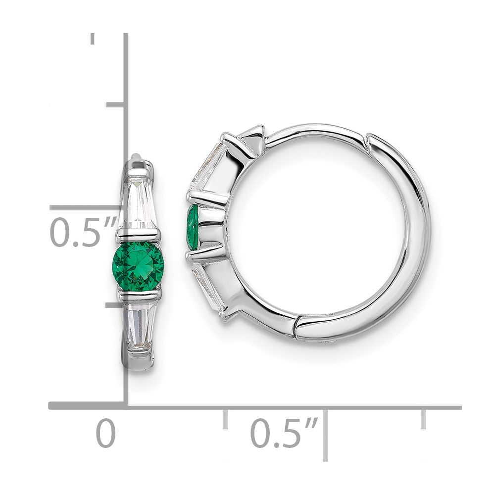 Rhodium-plated Sterling Silver Green White CZ Hinged Hoop Earrings