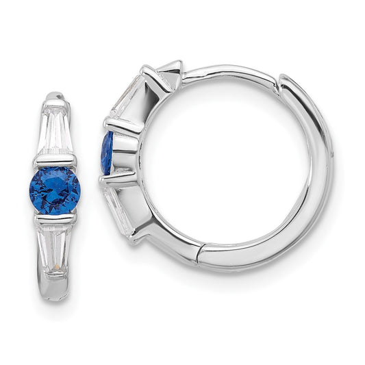 Rhodium-plated Sterling Silver Blue Spinel and CZ Hinged Hoop Earrings
