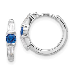 Rhodium-plated Sterling Silver Blue Spinel and CZ Hinged Hoop Earrings