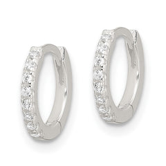 Sterling Silver E-Coating Polished CZ Hinged Hoop Earrings