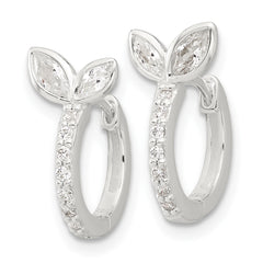 Sterling Silver E-coated CZ Leaf Hinged Hoop Earrings