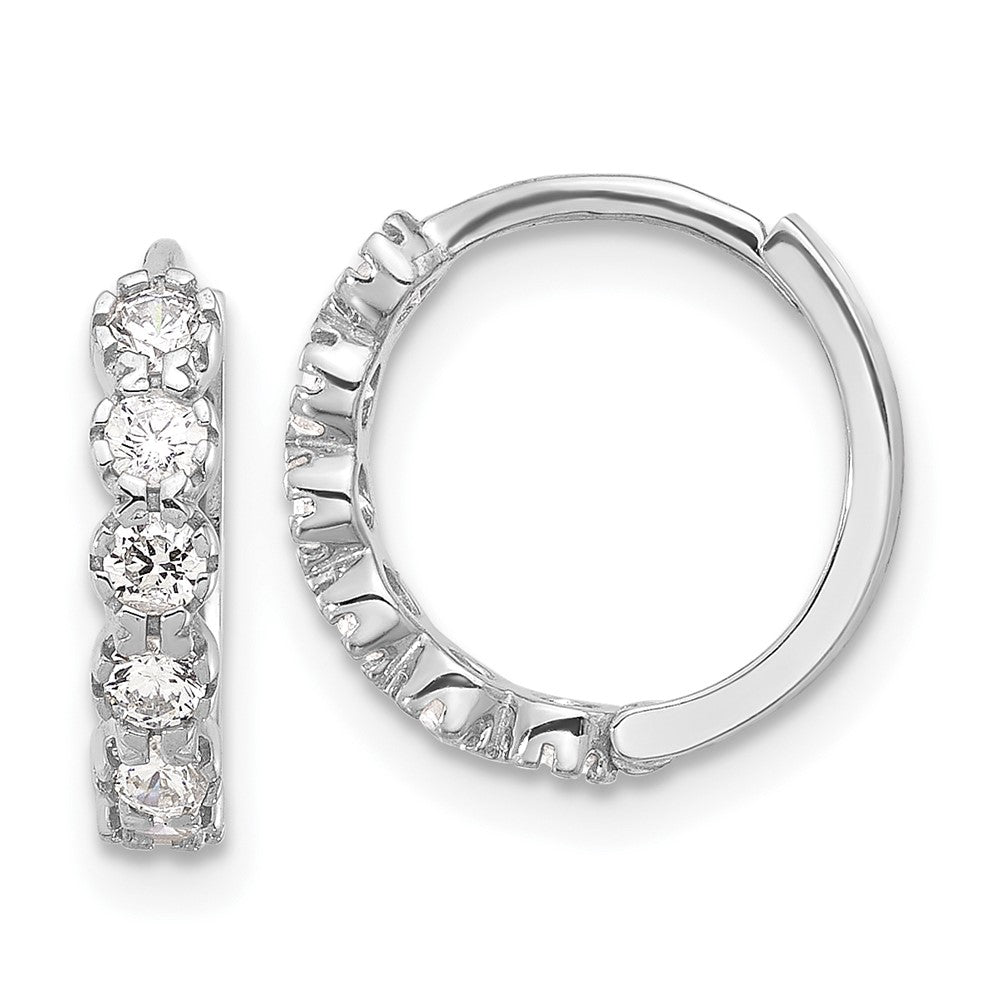 Rhodium-plated Sterling Silver Polished CZ Hinged Huggie Hoop Earrings