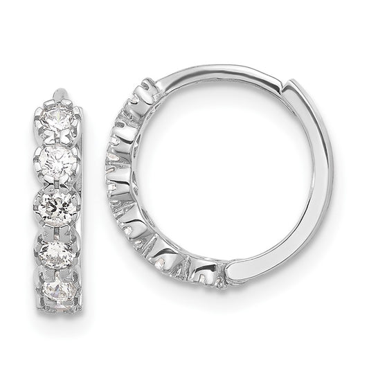 Rhodium-plated Sterling Silver Polished CZ Hinged Huggie Hoop Earrings