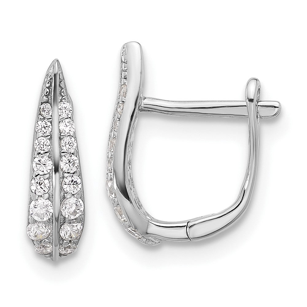 Rhodium-plated Sterling Silver CZ Leaf Hinged Hoop Earrings