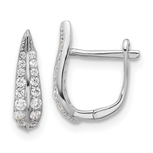 Rhodium-plated Sterling Silver CZ Leaf Hinged Hoop Earrings