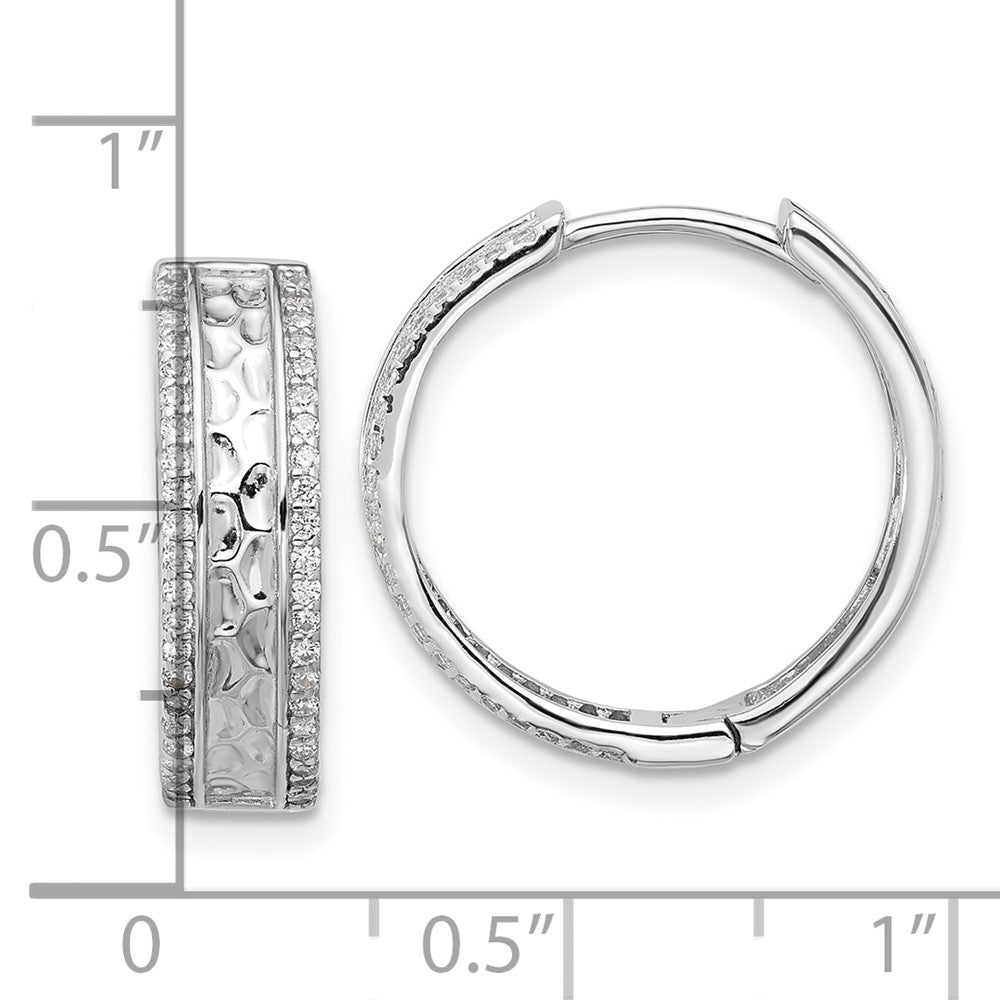 Rhodium-plated Sterling Silver Hammered Center CZ 6mm Hoop Earrings