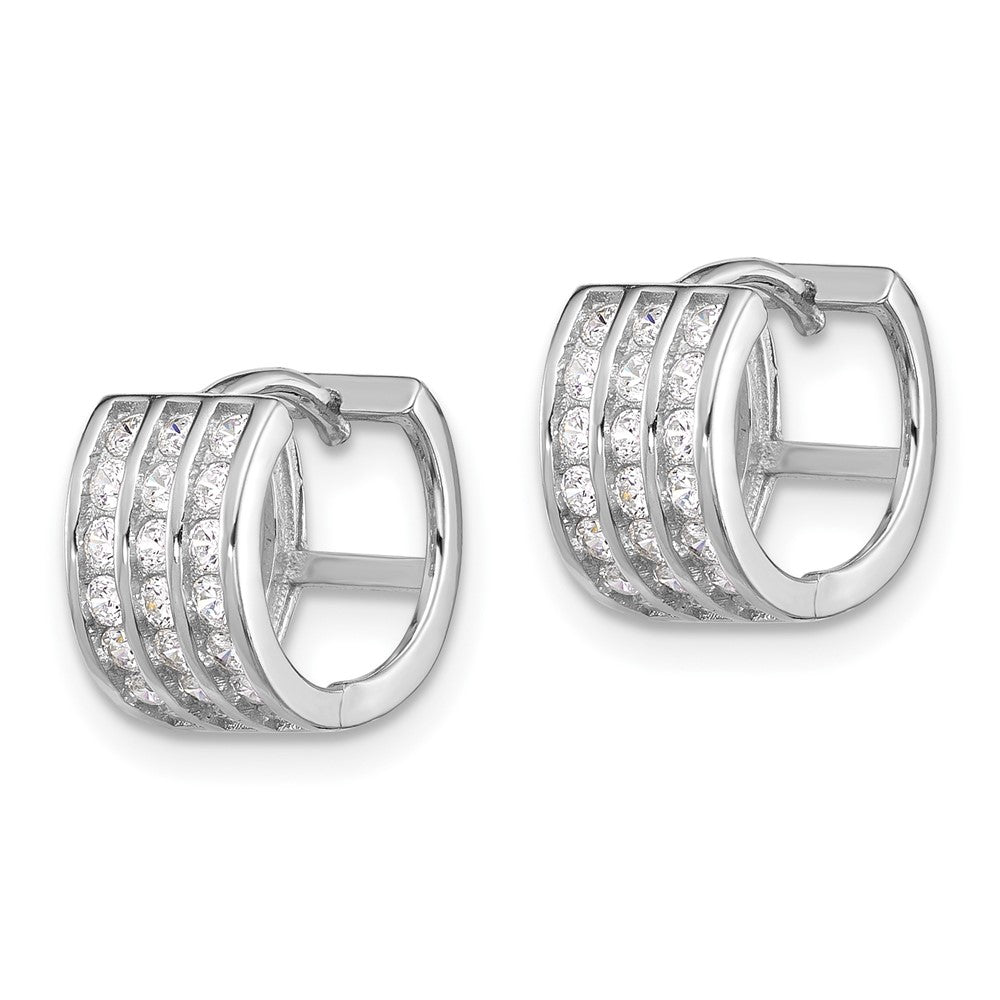 Rhodium-plated Sterling Silver 3 Row CZ Hinged Hoop Earrings