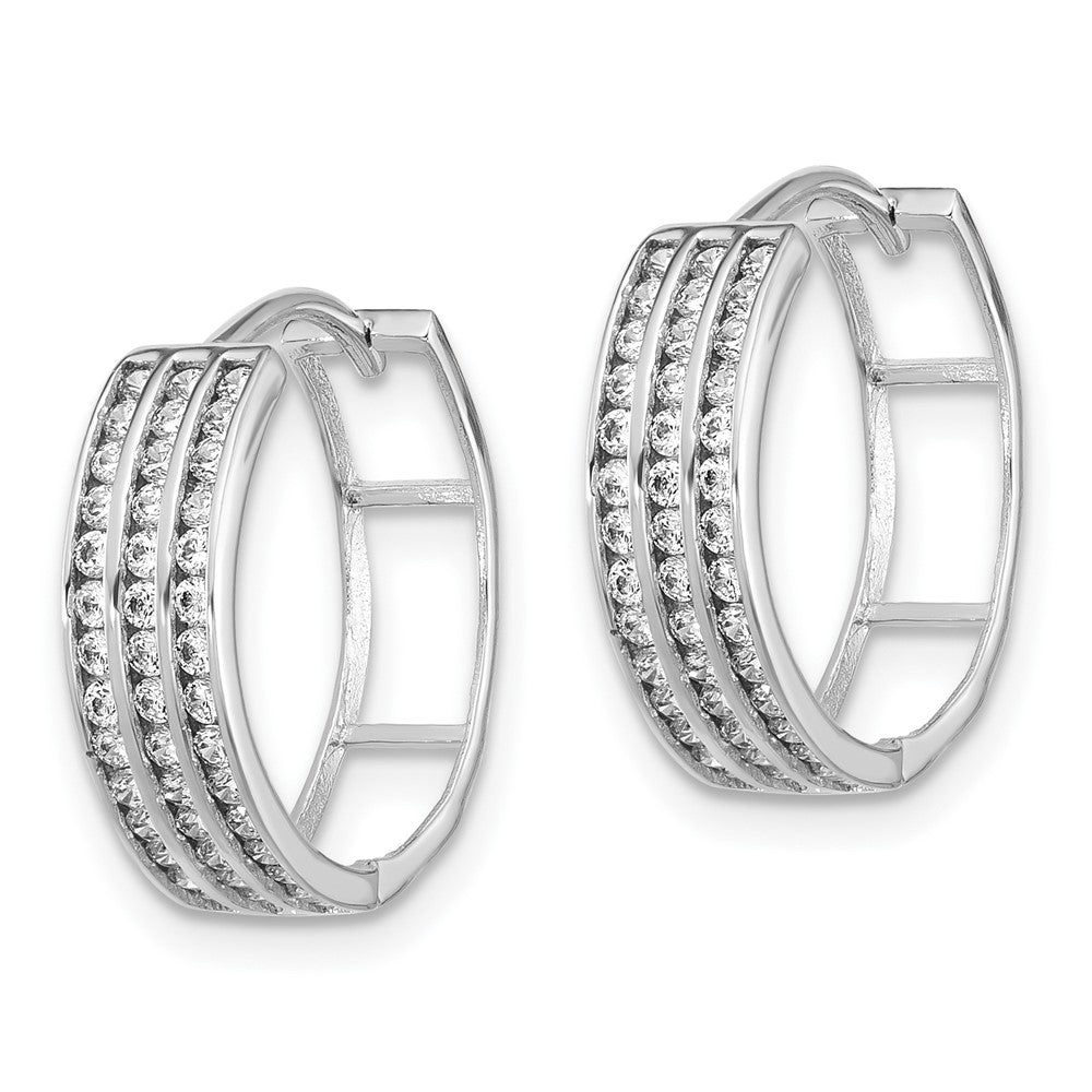 Rhodium-plated Sterling Silver 3 Row CZ Hinged Hoop Earrings