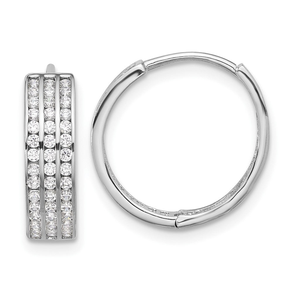 Rhodium-plated Sterling Silver 3 Row CZ Hinged Hoop Earrings
