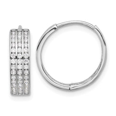 Rhodium-plated Sterling Silver 3 Row CZ Hinged Hoop Earrings