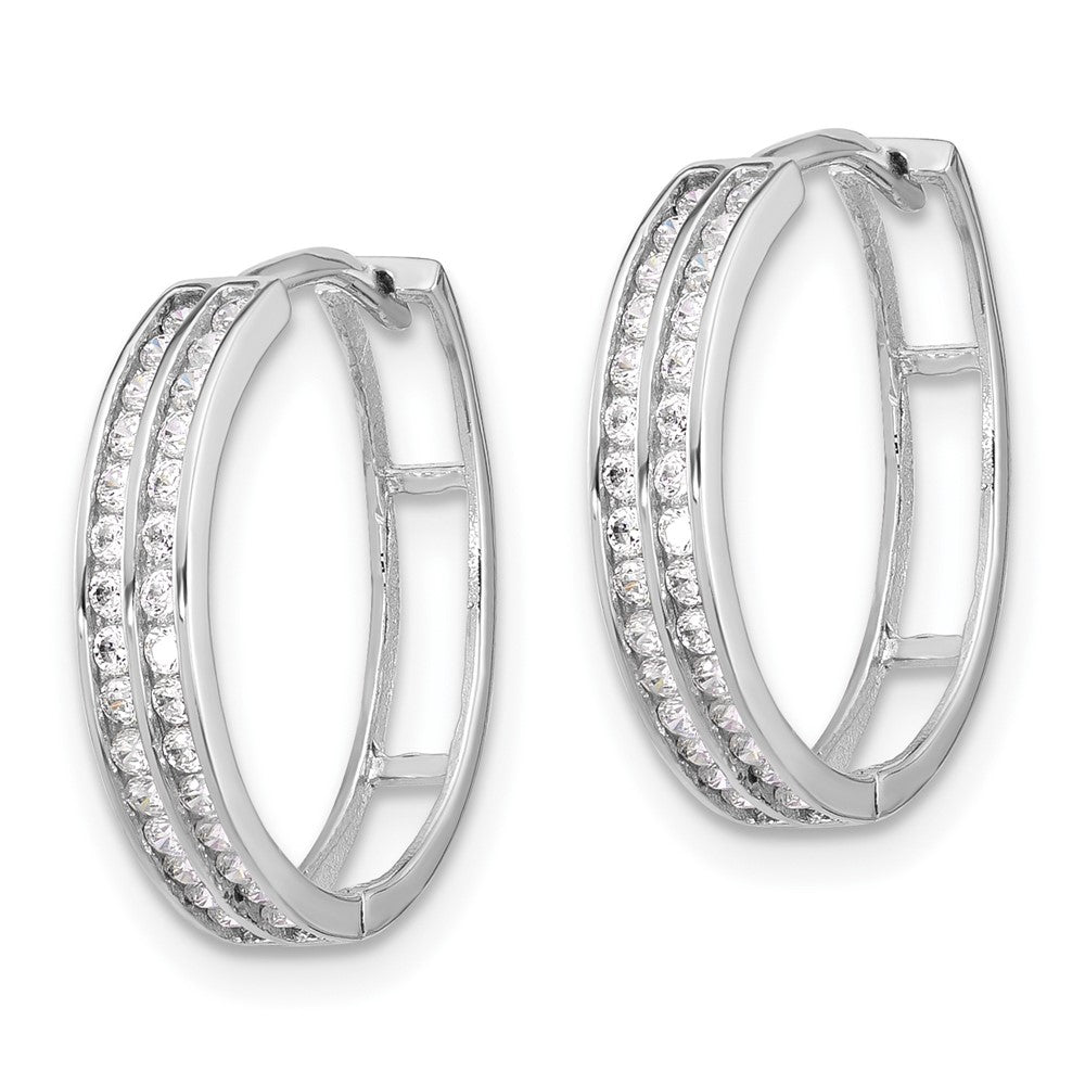 Rhodium-plated Sterling Silver 2 Row CZ Hinged Hoop Earrings