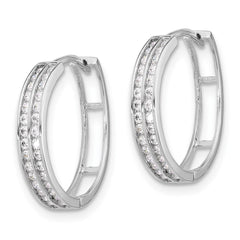 Rhodium-plated Sterling Silver 2 Row CZ Hinged Hoop Earrings