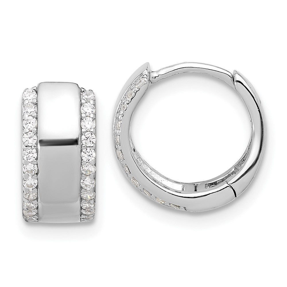 Rhodium-plated Sterling Silver CZ Edge 6.5mm Hinged Hoop Earrings