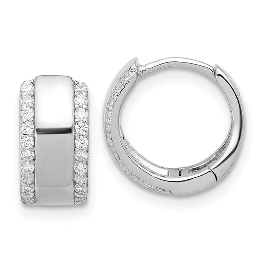 Rhodium-plated Sterling Silver CZ Edge 6.5mm Hinged Hoop Earrings