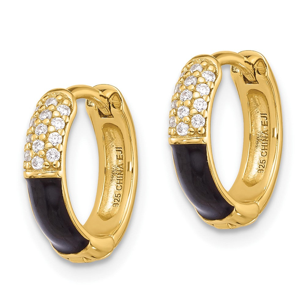 Yellow Gold-plated Sterling Silver Black Enamel CZ Hoop Earrings