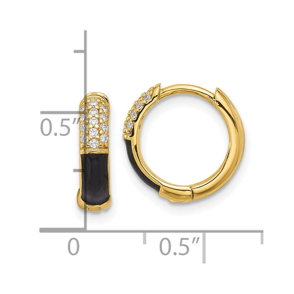 Yellow Gold-plated Sterling Silver Black Enamel CZ Hoop Earrings