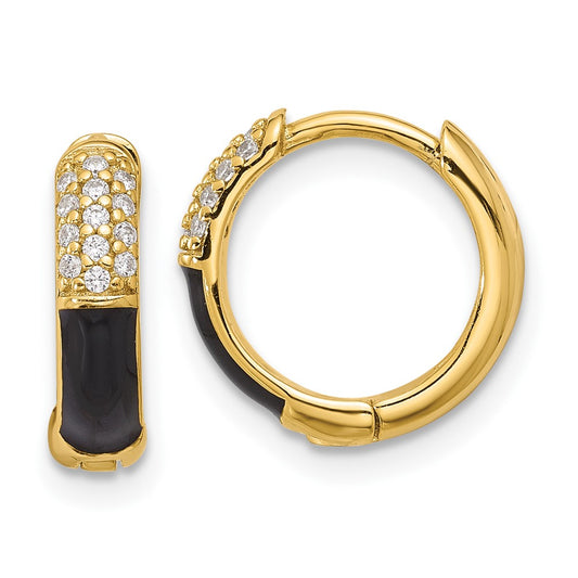 Yellow Gold-plated Sterling Silver Black Enamel CZ Hoop Earrings