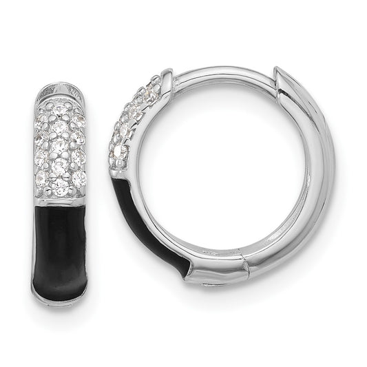 Sterling Silver Flash Platinum-plated CZ with Black Enamel In Out Hoop Earrings