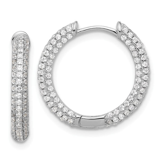 Rhodium-plated Sterling Silver Micro Pave CZ 3mm Hinged Hoop Earrings