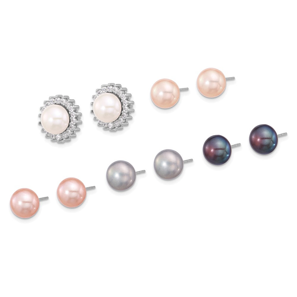Rhodium-plated Sterling Silver 7-8mm Multicolor FWC Pearl 1 CZ Jackets and 5 Post Earrings