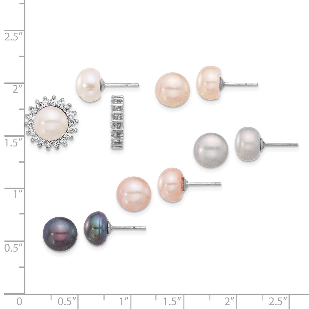 Rhodium-plated Sterling Silver 7-8mm Multicolor FWC Pearl 1 CZ Jackets and 5 Post Earrings