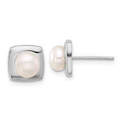 Rhodium-plated Silver 6-7mm White FWC Pearl Square Post Earrings